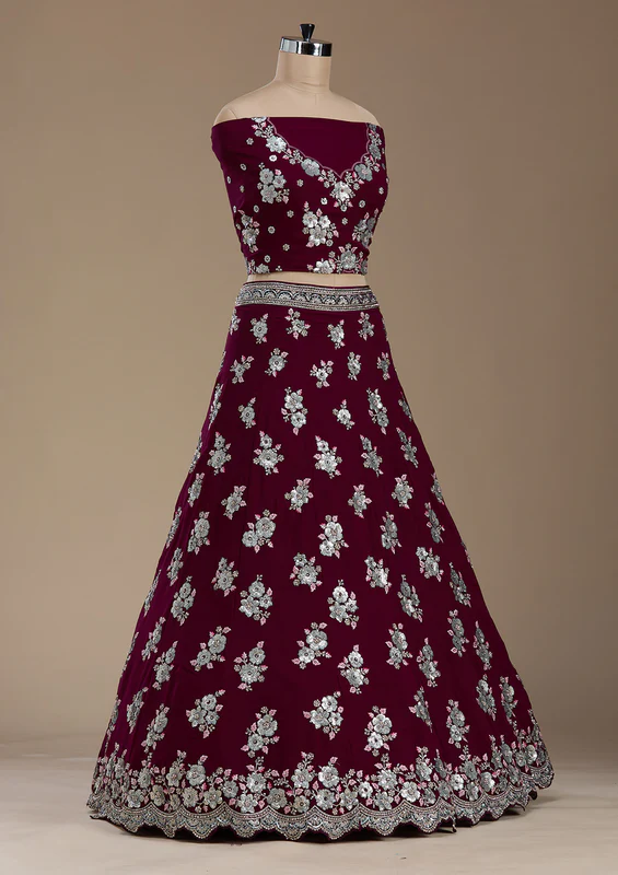 Wine Sequins Georgette Semi-Stitched Lehenga - Image 4