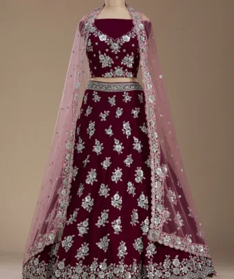 Wine Sequins Georgette Semi-Stitched Lehenga