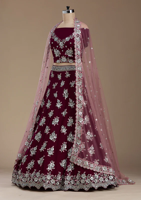 Wine Sequins Georgette Semi-Stitched Lehenga - Image 2