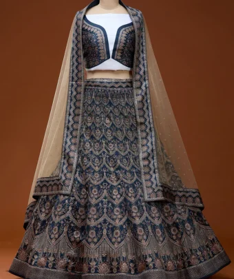 Navy Blue Stonework Satin Readymade Lehenga
