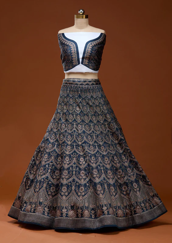 Navy Blue Stonework Satin Readymade Lehenga - Image 3