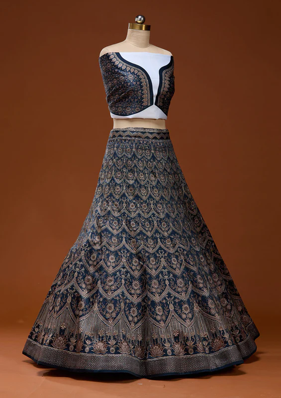 Navy Blue Stonework Satin Readymade Lehenga - Image 2