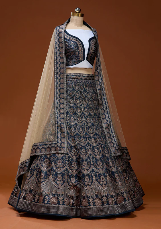 Navy Blue Stonework Satin Readymade Lehenga - Image 4