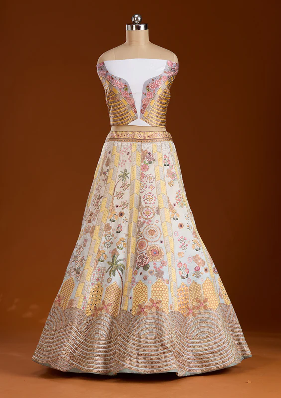 Yellow Stonework Soft Raw Silk Semi-Stitched Lehenga - Image 4
