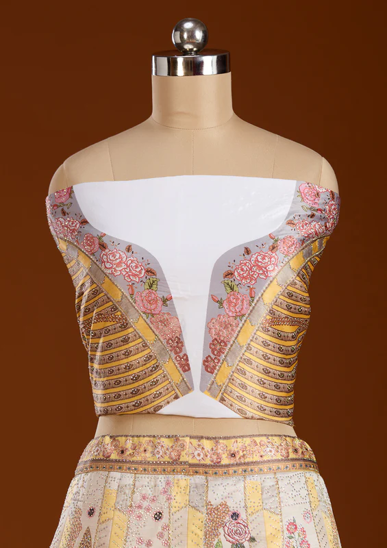 Yellow Stonework Soft Raw Silk Semi-Stitched Lehenga - Image 2