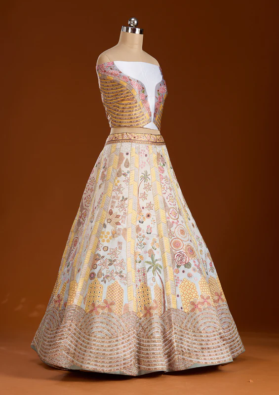 Yellow Stonework Soft Raw Silk Semi-Stitched Lehenga - Image 3