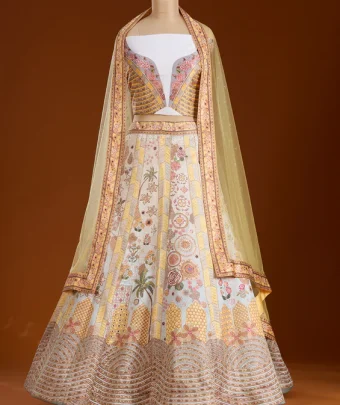 Yellow Stonework Soft Raw Silk Semi-Stitched Lehenga