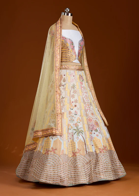 Yellow Stonework Soft Raw Silk Semi-Stitched Lehenga - Image 5
