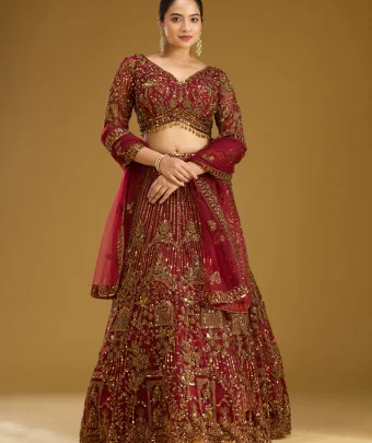 Maroon Cutdana Net Readymade Lehenga