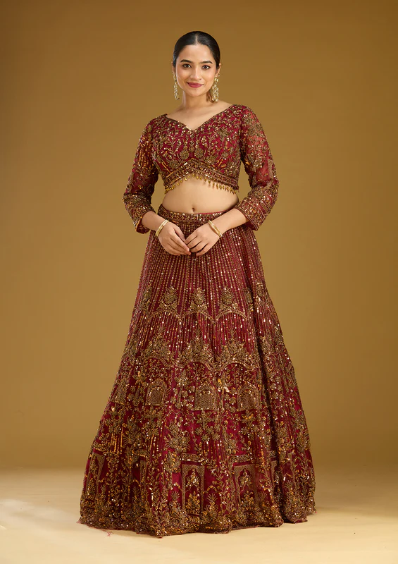 Maroon Cutdana Net Readymade Lehenga - Image 2