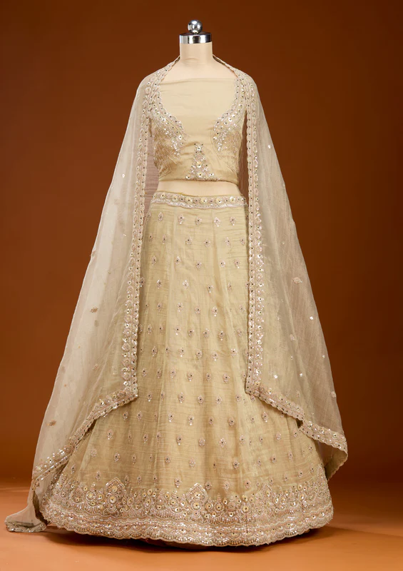Beige Stonework Tissue Readymade Lehenga