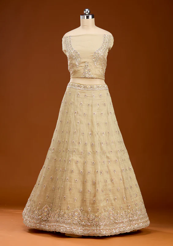 Beige Stonework Tissue Readymade Lehenga - Image 2