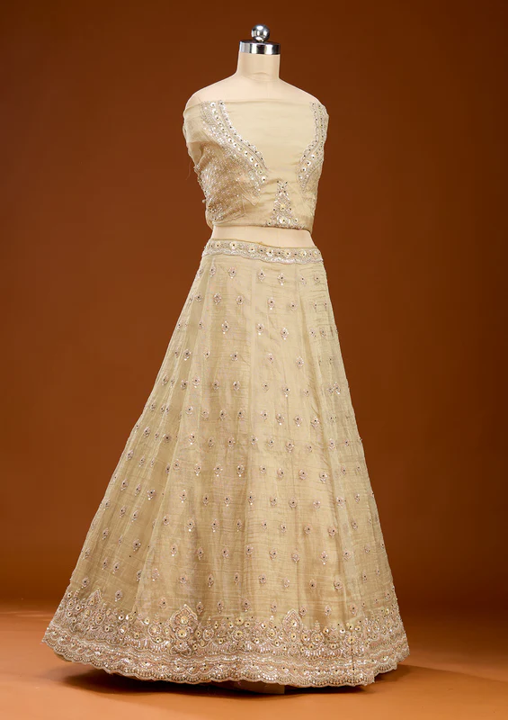 Beige Stonework Tissue Readymade Lehenga - Image 3