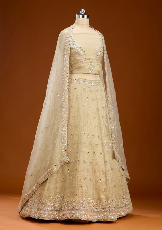 Beige Stonework Tissue Readymade Lehenga - Image 4