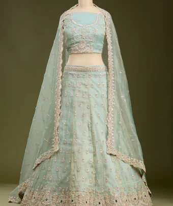 Sea Green Stonework Tissue Readymade Lehenga