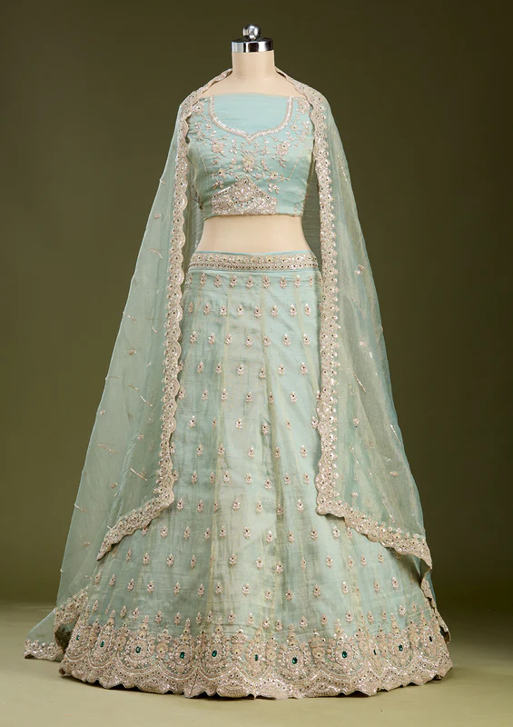 Sea Green Stonework Tissue Readymade Lehenga