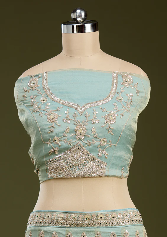 Sea Green Stonework Tissue Readymade Lehenga - Image 4