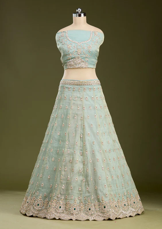 Sea Green Stonework Tissue Readymade Lehenga - Image 3