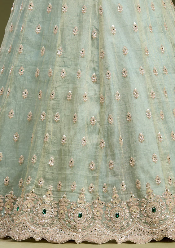 Sea Green Stonework Tissue Readymade Lehenga - Image 2