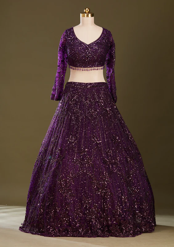 Purple Sequins Net Readymade Lehenga - Image 4