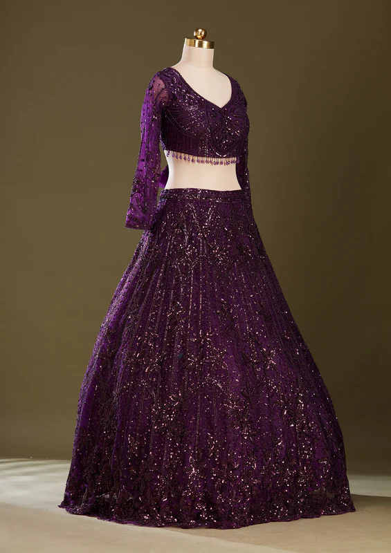 Purple Sequins Net Readymade Lehenga - Image 3