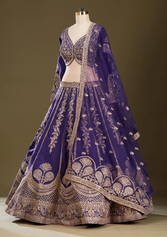 Purple Cording Raw Silk Readymade Lehenga - Image 3