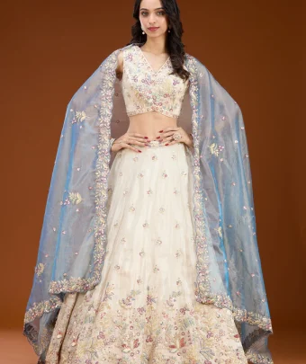 Cream Threadwork Tissue Readymade Lehenga