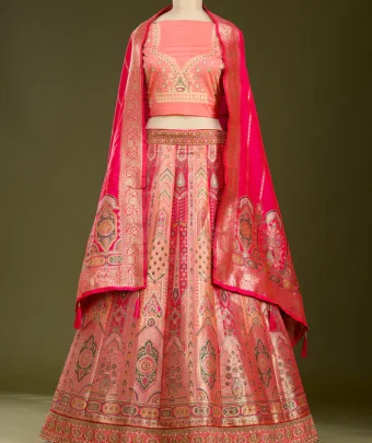 Peach Stonework Banarasi Readymade Lehenga