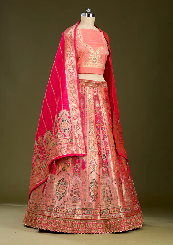 Peach Stonework Banarasi Readymade Lehenga - Image 4