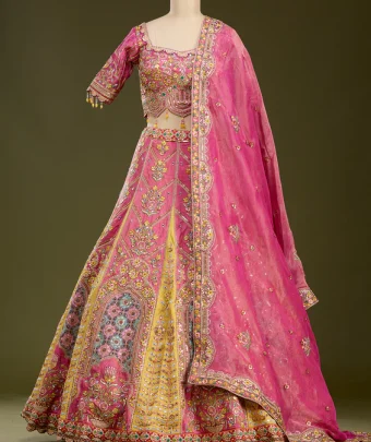 Pink Threadwork Banarasi Readymade Lehenga