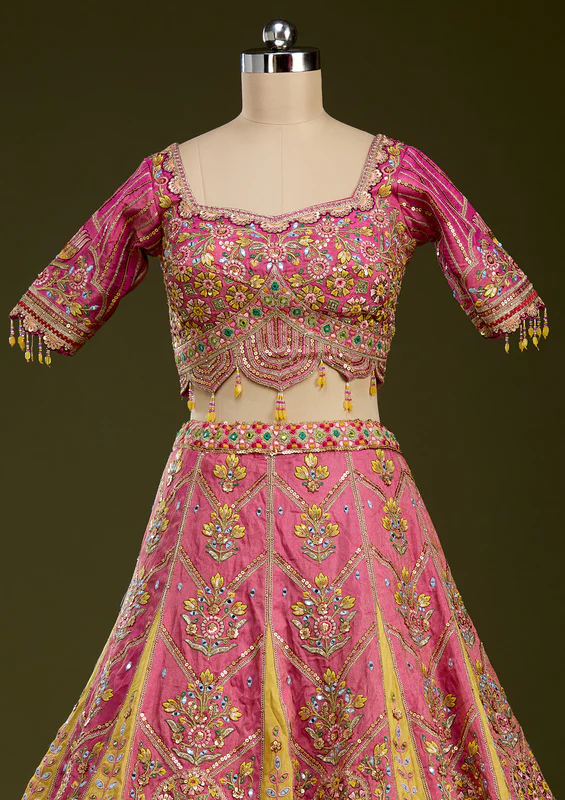 Pink Threadwork Banarasi Readymade Lehenga - Image 3