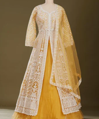 Mustard Yellow Threadwork Net Readymade Lehenga