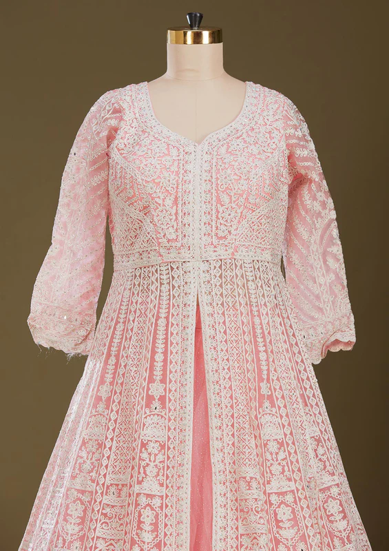 Pink Threadwork Net Readymade Lehenga - Image 3