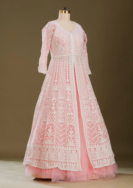 Pink Threadwork Net Readymade Lehenga - Image 2