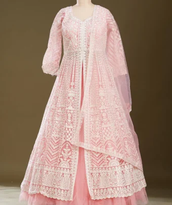 Pink Threadwork Net Readymade Lehenga