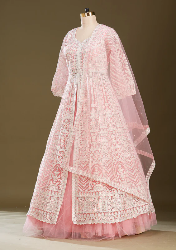 Pink Threadwork Net Readymade Lehenga - Image 4