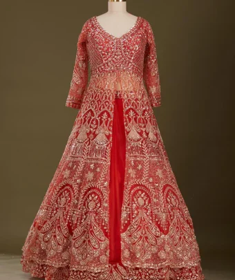 Rust Cutdana Net Readymade Lehenga
