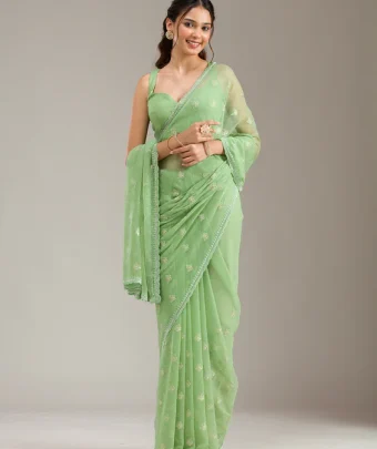Pista Green Threadwork Chiffon Saree