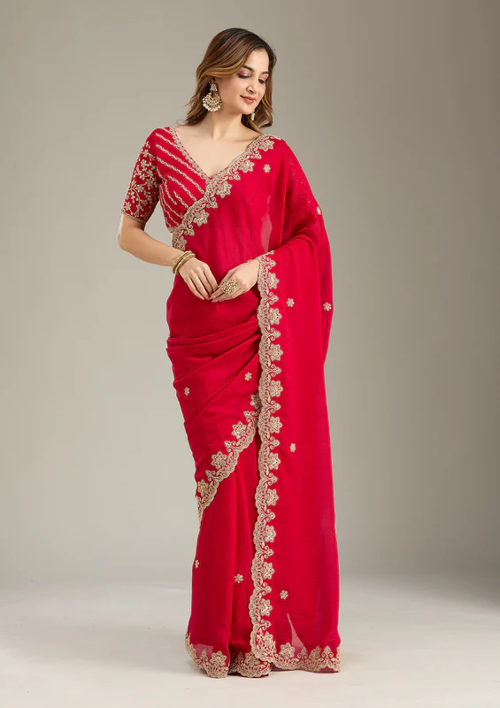 Rani Pink Cording Semi Crepe Saree - Image 3