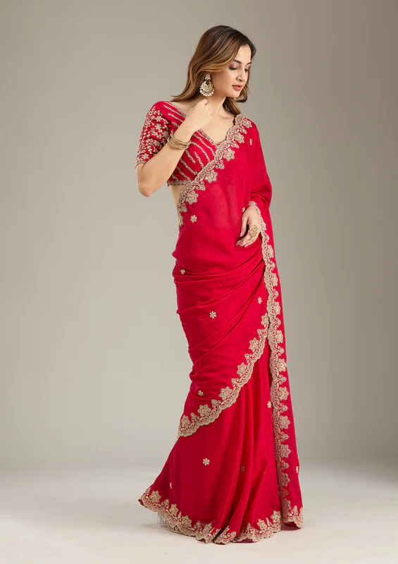 Rani Pink Cording Semi Crepe Saree - Image 4