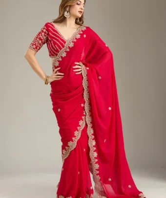 Rani Pink Cording Semi Crepe Saree