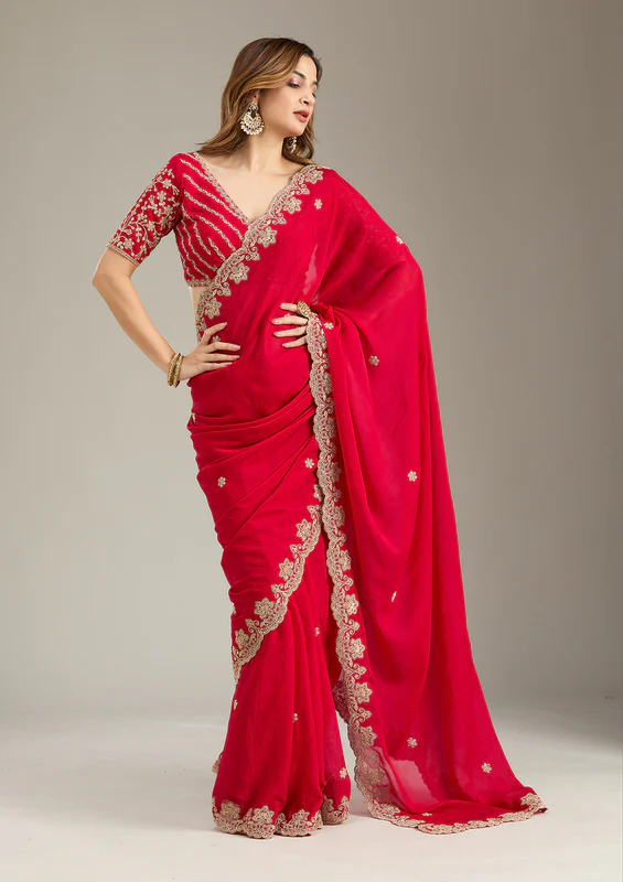 Rani Pink Cording Semi Crepe Saree
