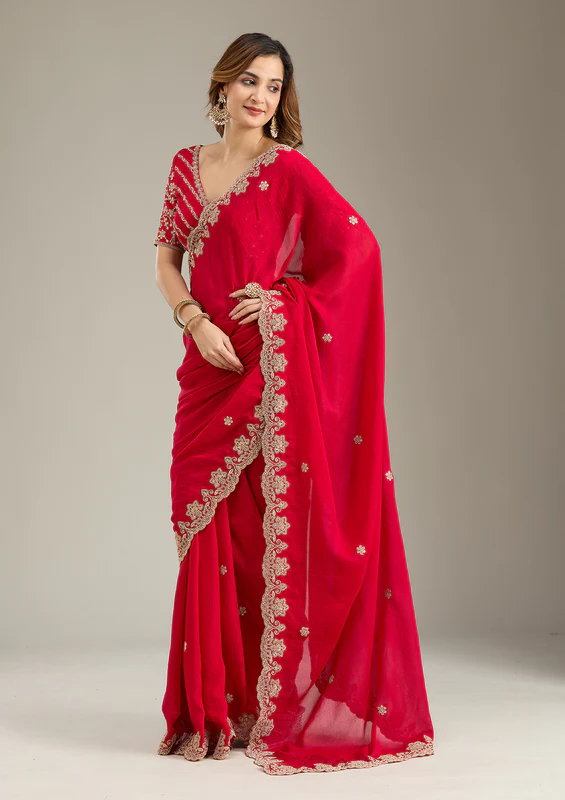 Rani Pink Cording Semi Crepe Saree - Image 2