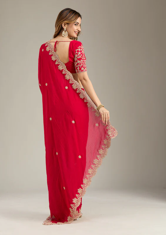 Rani Pink Cording Semi Crepe Saree - Image 5