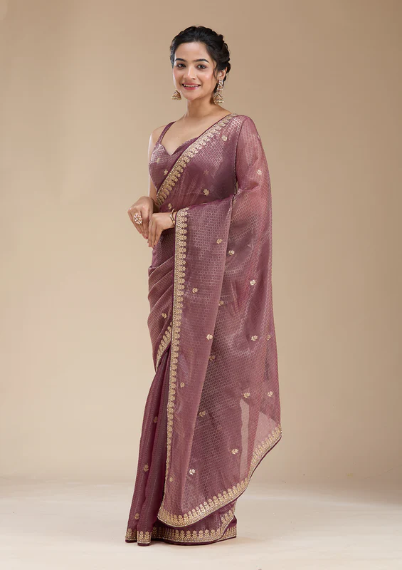 Wine Gotapatti Organza Saree - Image 2