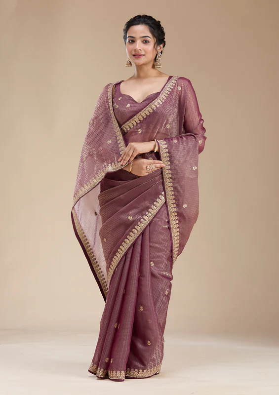 Wine Gotapatti Organza Saree - Image 5