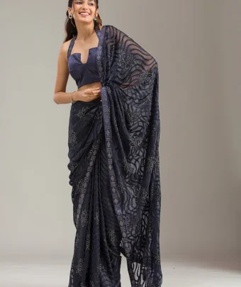 Navy Blue Stonework Chiffon Saree