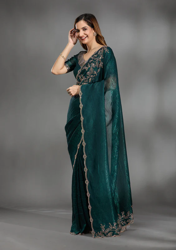 Teal Green Stonework Georgette Saree - Image 2