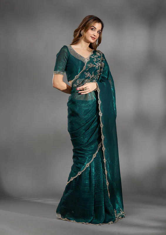 Teal Green Stonework Georgette Saree - Image 3