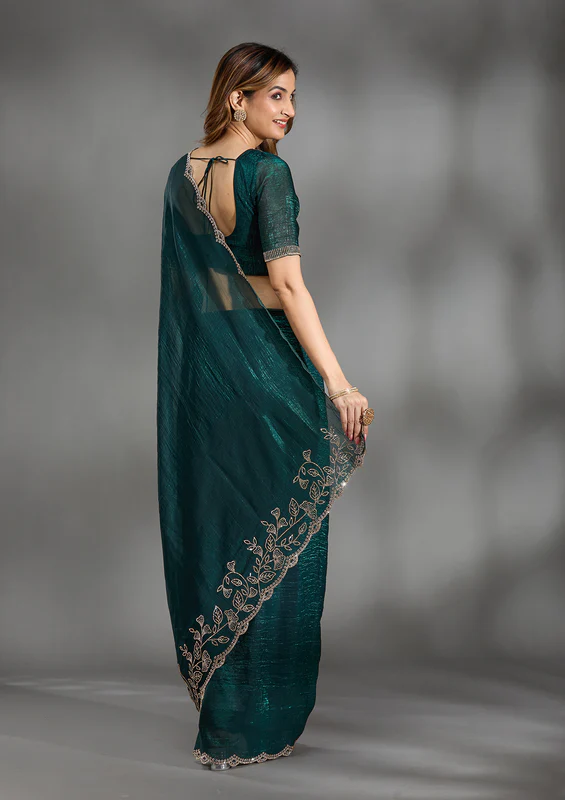 Teal Green Stonework Georgette Saree - Image 4